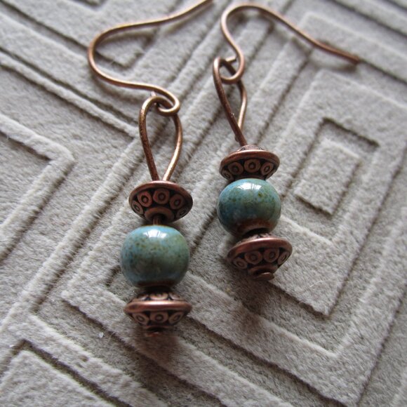 Artisan Handmade Copper & Turquoise Bead Dangle Earrings – Boho Chic Style - Picture 1 of 3